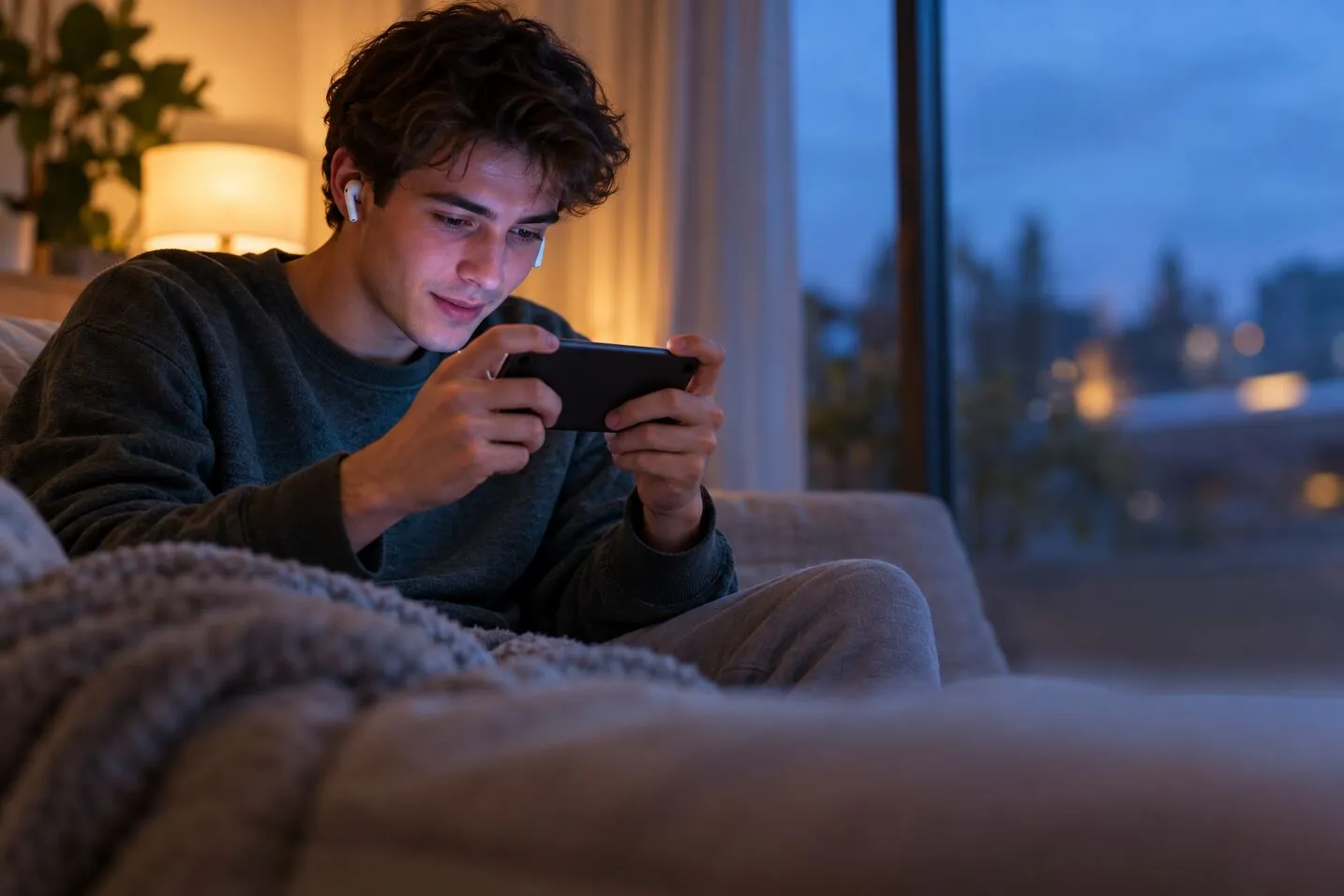 A young man on a sofa at dusk, playing a game on a phone held sideways