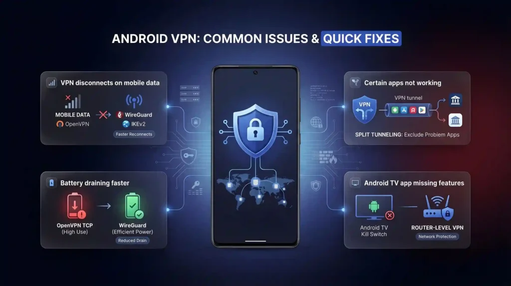 Problemi comuni della VPN su Android e correzioni rapide incluse disconnessioni sui dati mobili, drenaggio della batteria, split tunneling e VPN a livello di router Android TV