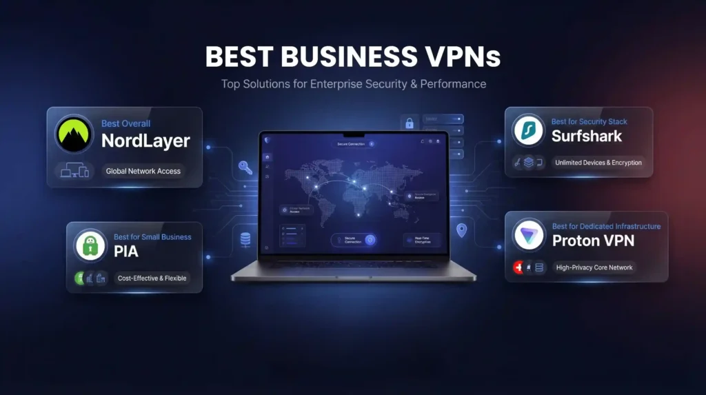 Sammenligningsgrafik over den bedste VPN til virksomheder, som fremhæver NordLayer, Surfshark, Proton VPN og PIA omkring et sikkert laptop-netværkskort.