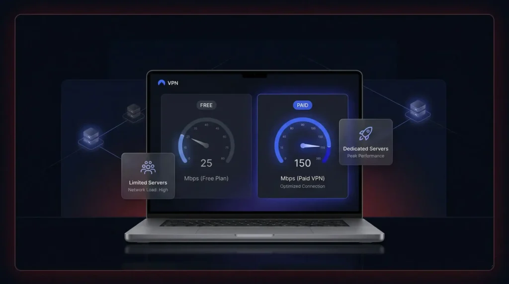 Confronto di velocità che mostra il miglior VPN gratuito a 25 Mbps con server limitati rispetto al VPN a pagamento a 150 Mbps con connessioni dedicate ottimizzate