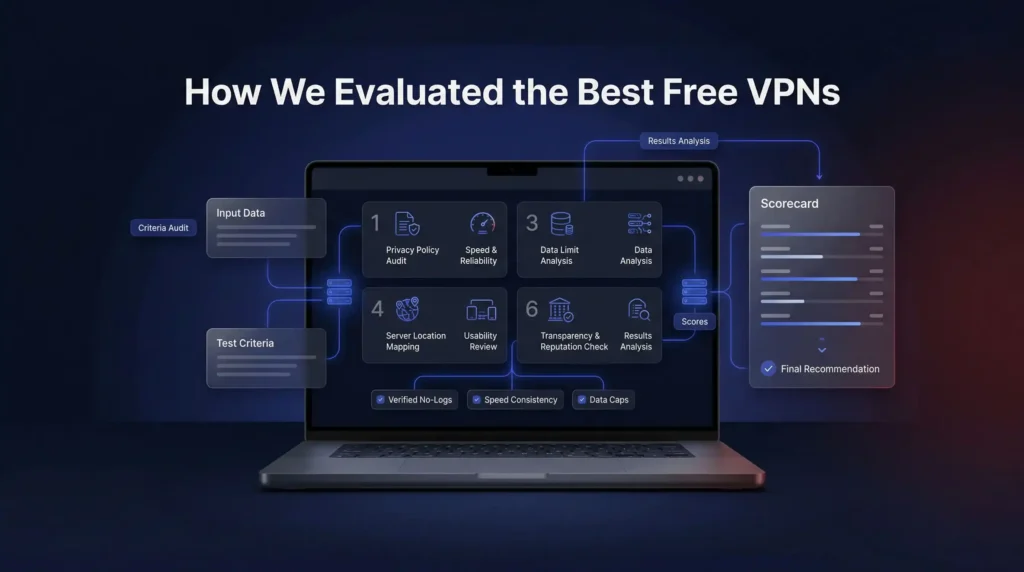 Quadro di valutazione che mostra sei criteri utilizzati per classificare le migliori opzioni VPN gratuito inclusi audit di privacy, velocità, affidabilità e controlli di trasparenza