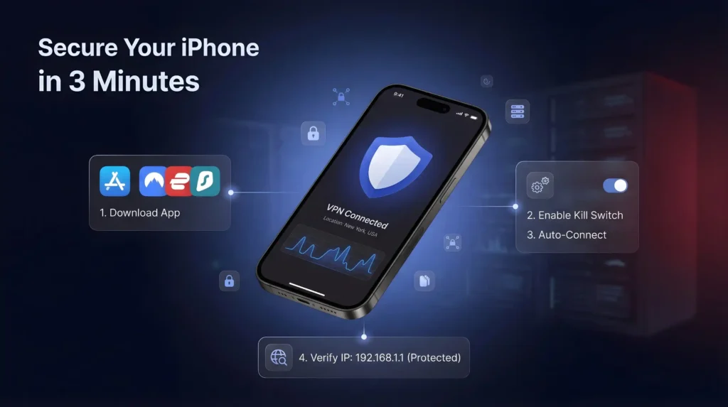 3分で最高のiPhone用VPNをセットアップする方法は、アプリをダウンロードし、キルスイッチを有効にし、自動接続を有効にし、IP保護を確認します