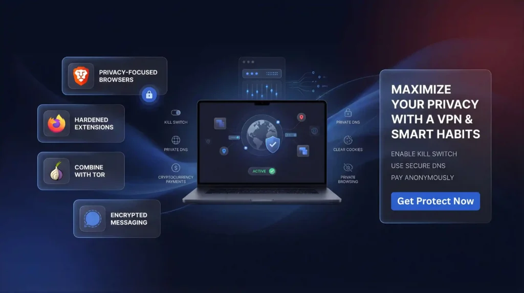 Come massimizzare la privacy con la migliore VPN per la privacy mostrando kill switch, DNS privato, integrazione Tor, messaggistica crittografata e pagamenti anonimi