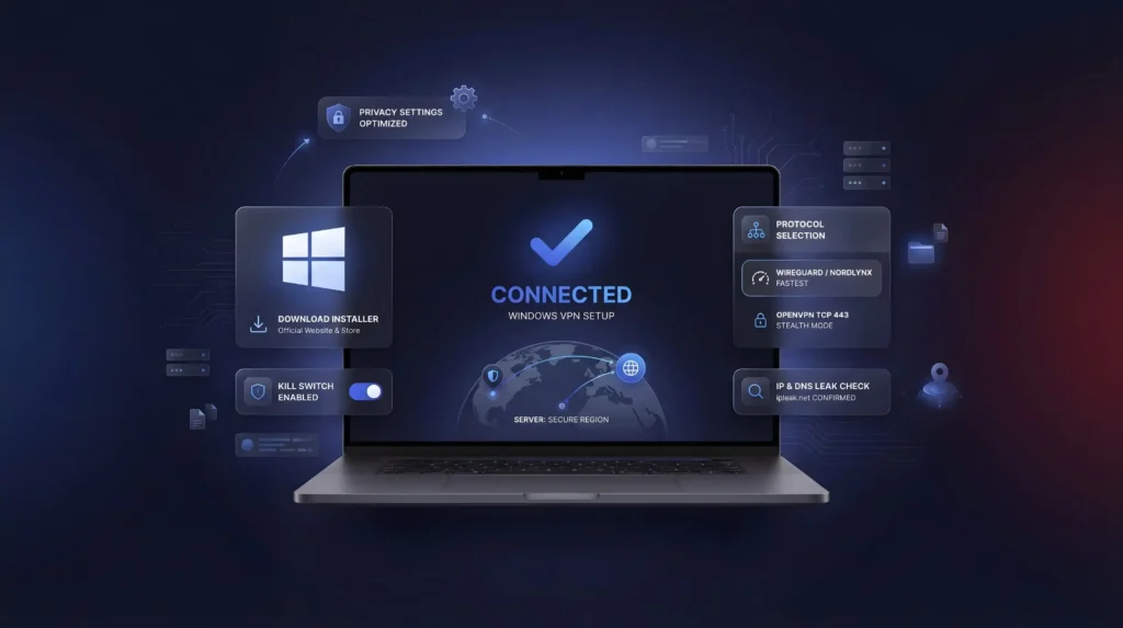 كيفية إعداد أفضل VPN لـ Windows باستخدام kill switch واختيار بروتوكول WireGuard وفحص تسرب IP و DNS والإعدادات المحسّنة للخصوصية