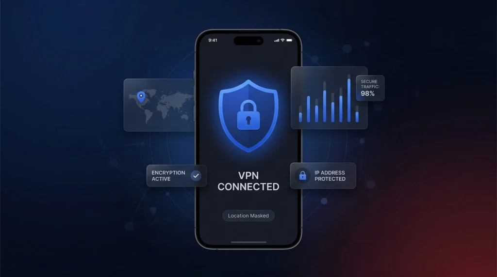 iPhone上のVPN接続を示す公開WiFiセキュリティで安全に滞在し、アクティブな暗号化、マスクされた位置、保護されたIPアドレス、および98%安全なトラフィック指標を表示