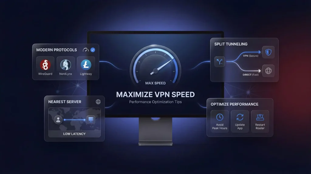 Consejos para maximizar el rendimiento de la mejor VPN para velocidad usando WireGuard, NordLynx, protocolos Lightway, servidor más cercano y split tunneling