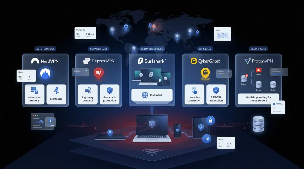 NordVPN、ExpressVPN、Surfshark、CyberGhost、ProtonVPNを示す公開WiFiセキュリティ比較用のベストVPN、自動接続、ネットワークロック、セキュアコア機能