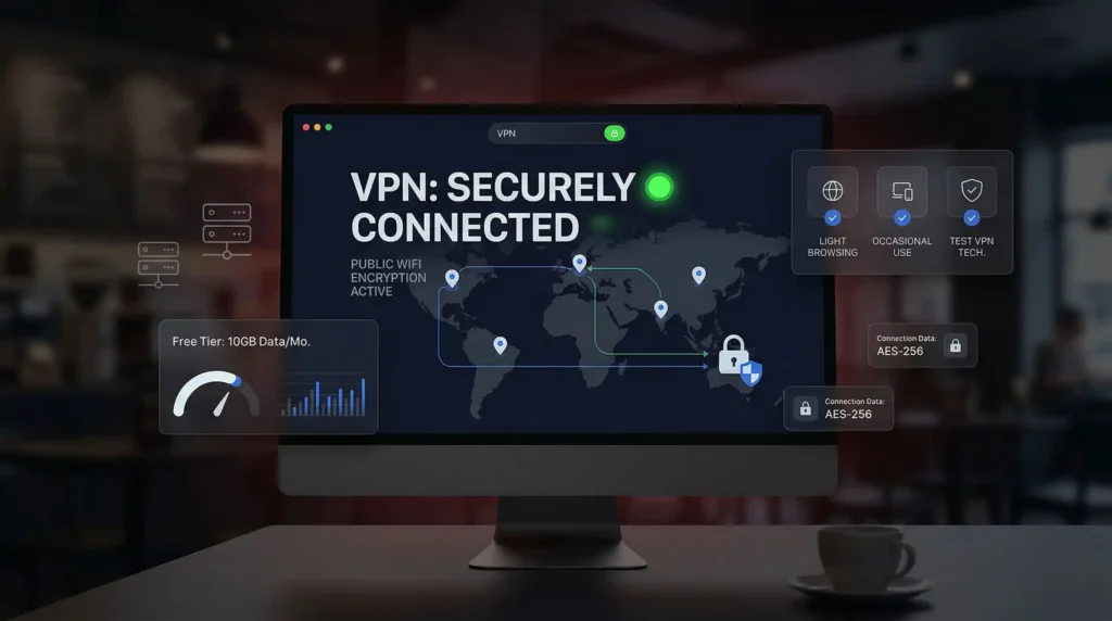 Miglior VPN gratuito connesso in modo sicuro su WiFi pubblico che mostra crittografia AES-256 e 10 GB di livello gratuito per navigazione leggera e utilizzo occasionale