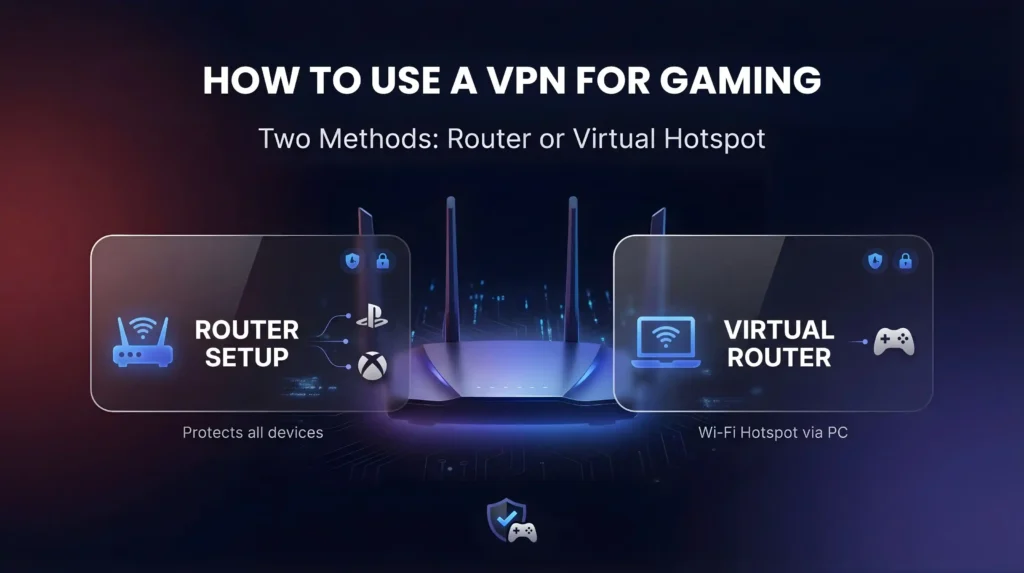 ゲーミングに最適なVPNの使い方を示す画像：ルーターを保護するすべてのデバイスと、PCを経由したバーチャルホットスポット