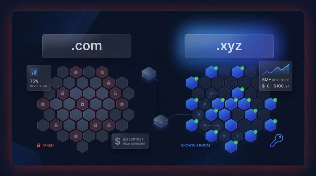 .com مقابل .xyz التكلفة والتوفر يظهر 75% من نطاقات .com مأخوذة بأسعار السوق الثانوية عالية مقابل .xyz مع 5 ملايين+ تسجيل و $10 إلى $100 لكل سعر سنة