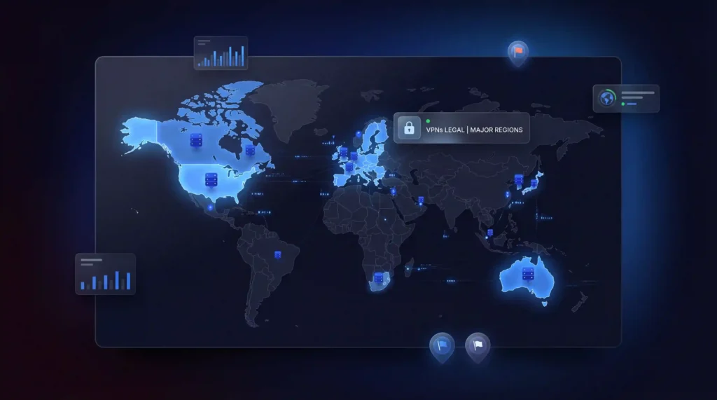Mapa global mostrando países onde o uso de VPN é permitido e principais regiões sem restrições