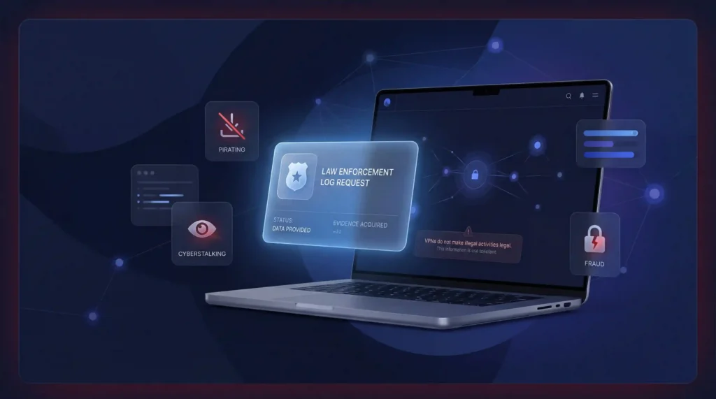 Conceito de legalidade de VPN mostrando solicitações de dados policiais, riscos de privacidade e rastreamento de atividades online