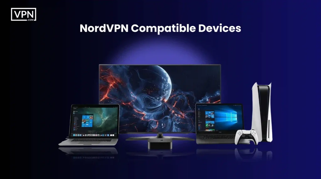 Immagine di revisione NordVPN con dispositivi compatibili che mostra laptop, desktop e console di gioco