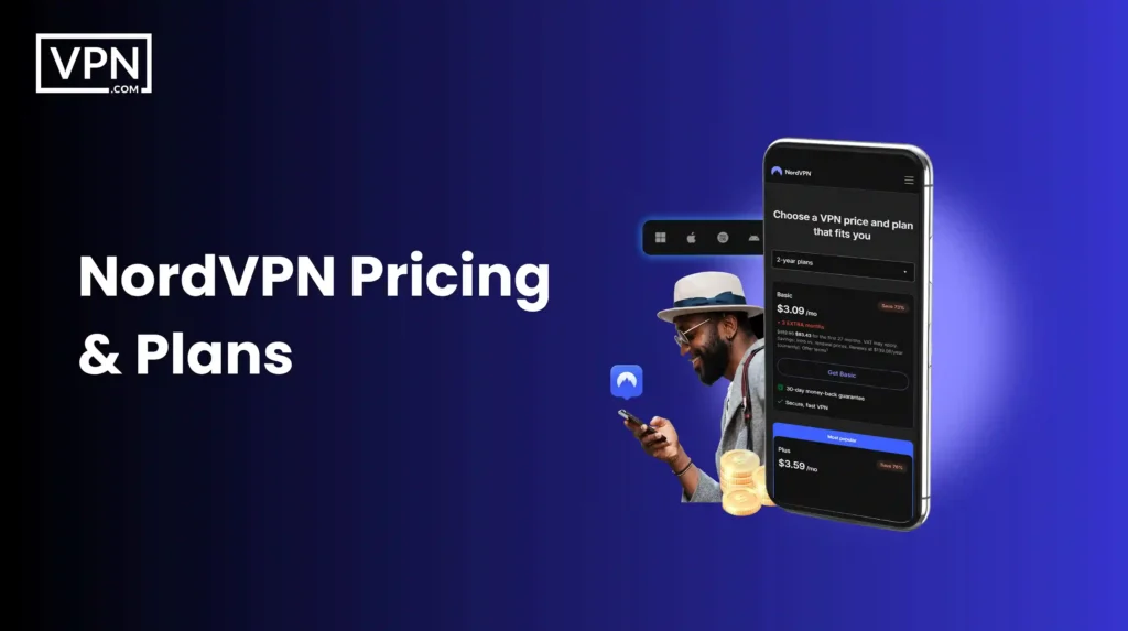 Immagine di revisione NordVPN con piani e prezzi con opzioni di piani Basic, Plus e Complete
