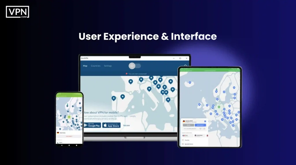 Immagine di revisione NordVPN con esperienza utente e interfaccia su desktop, tablet e mobile