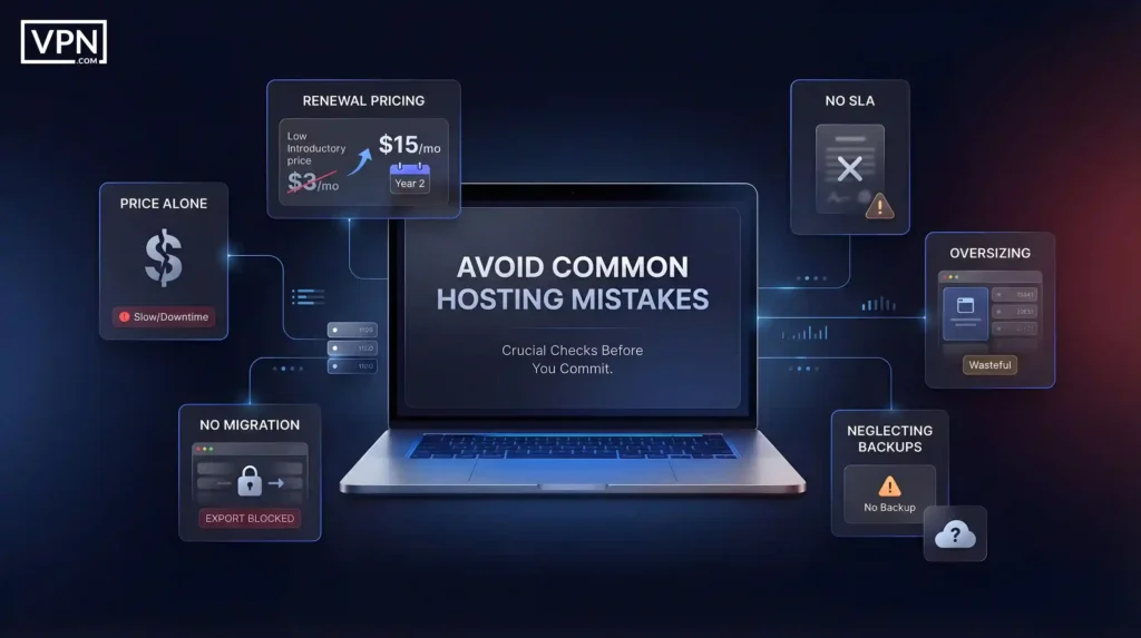 Errori comuni di hosting da evitare prezzo di rinnovo, nessun SLA, oversizing, negligenza backup, nessun supporto migrazione, e scelta basata su prezzo alone