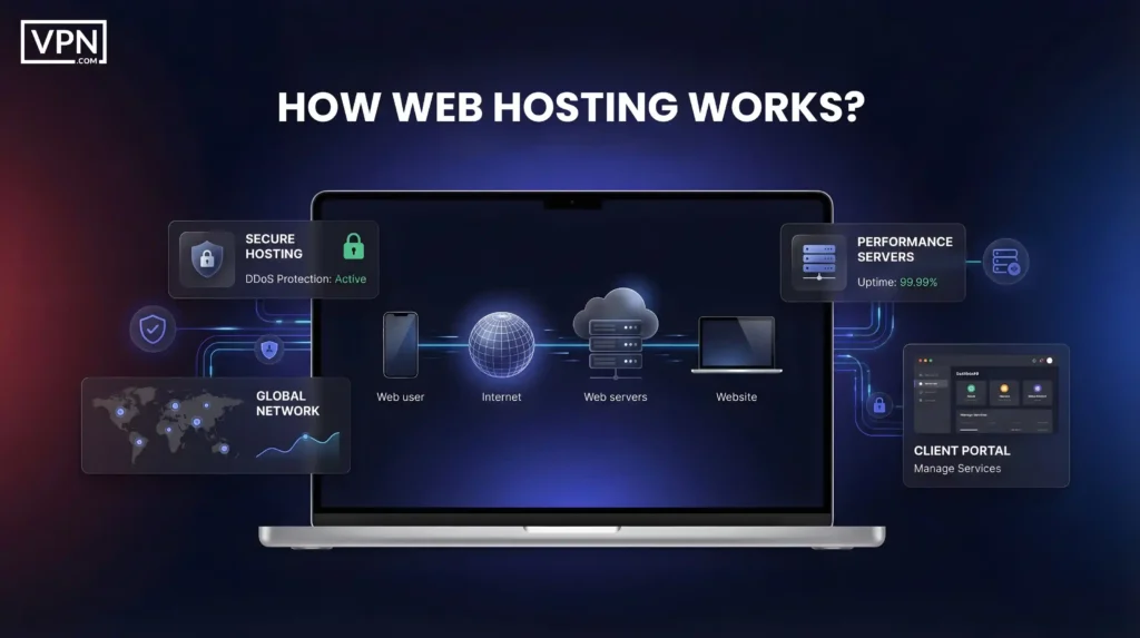 Come funziona l'hosting mostrando la connessione da utente web a internet a server web con protezione DDoS e uptime 99.99%