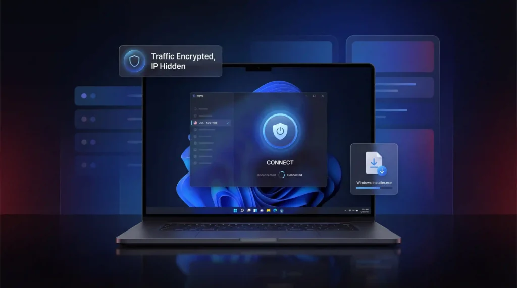 VPN on Windowsのセットアップを示す画像:USサーバーに接続、暗号化されたトラフィック、隠れたIP