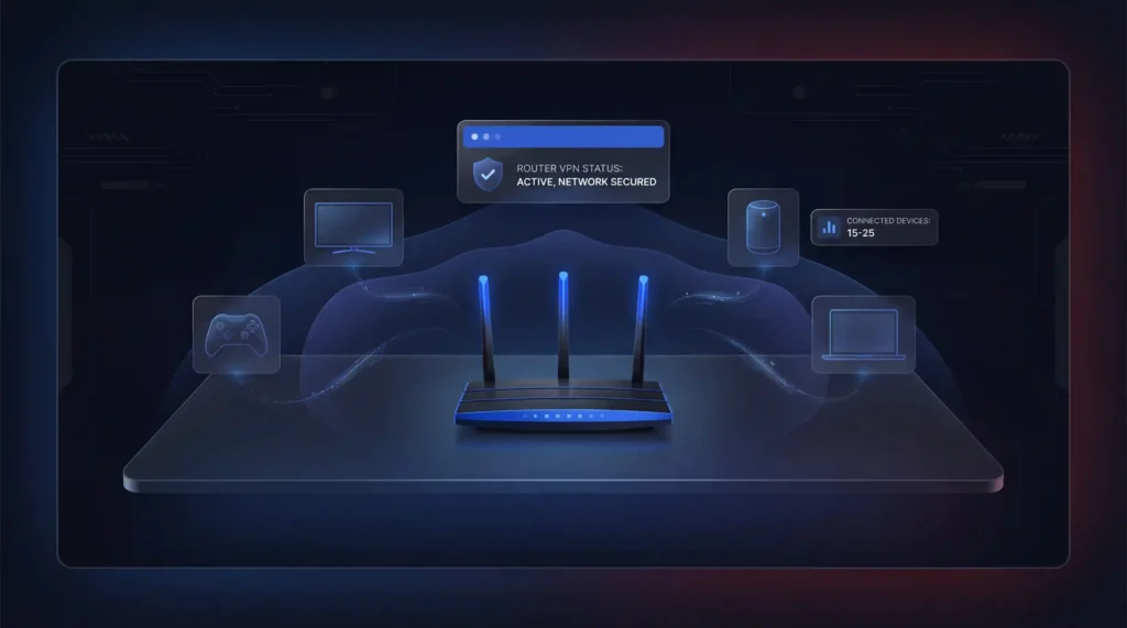 ルーターでのVPNセットアップを示す画像:アクティブなネットワークステータス、接続された15~25デバイスを保護