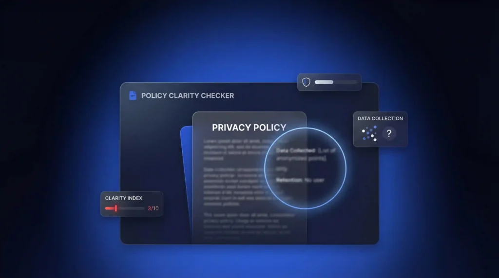 Verificatore di chiarezza delle politiche che mostra come scegliere una VPN valutando le politiche sulla privacy e le pratiche di raccolta dei dati
