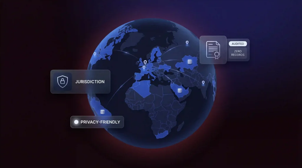 Globo mostrante i fattori chiave su come scegliere una VPN inclusi giurisdizione, posizioni favorevoli alla privacy e record no-logs verificati