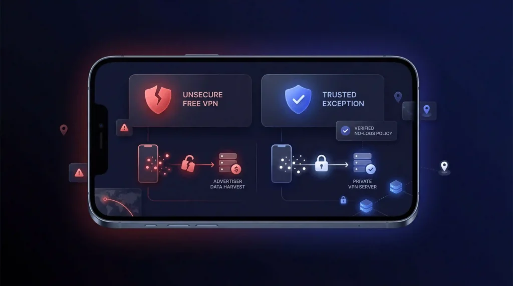 Confronto che mostra una VPN gratuita non sicura che raccoglie dati degli inserzionisti rispetto a una VPN affidabile con una politica no-logs verificata e una connessione a server privato