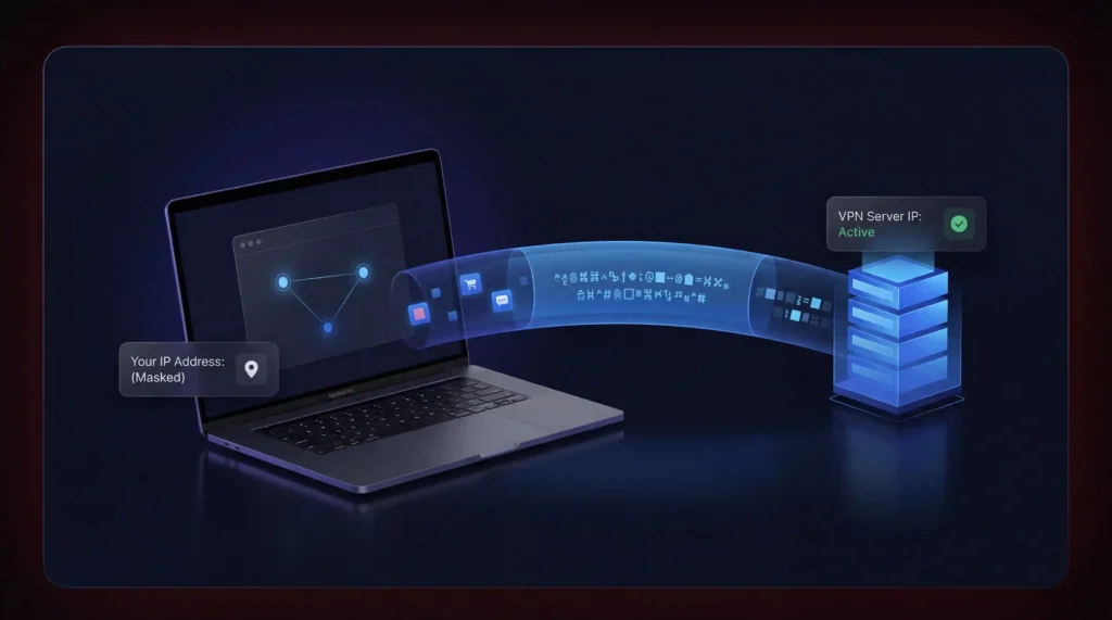 Diagramma che spiega come scegliere una VPN mostrando un tunnel crittografato tra un indirizzo IP mascherato e un server VPN