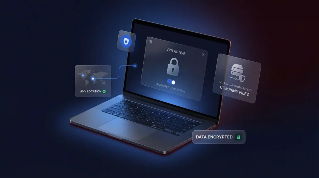 Laptop che mostra una VPN in azione con accesso a connessione crittografata attiva da qualsiasi posizione e accesso sicuro alla rete interna e ai file aziendali