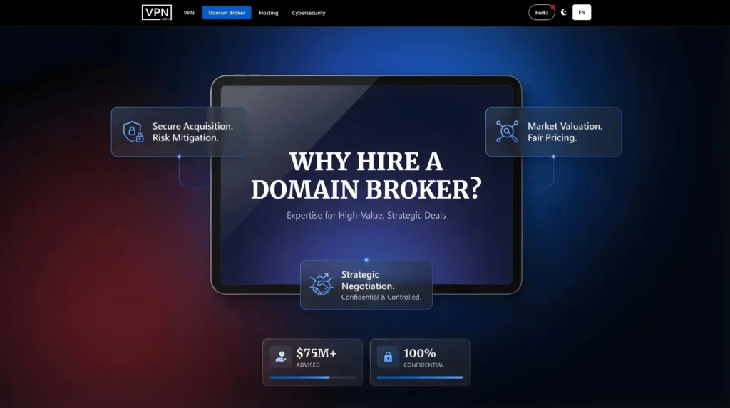 Perché assumere un domain broker premium acquisizione sicura, valutazione di mercato, negoziazione strategica e accordi al 100% riservati