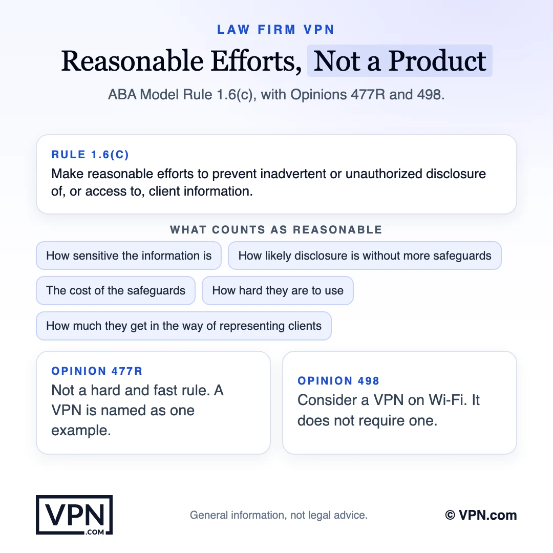Rule 1.6(c) asks for reasonable efforts to prevent unauthorized disclosure of or access to client information. What counts as reasonable is how sensitive the information is, how likely disclosure is, the cost and difficulty of safeguards and how much they get in the way. Opinion 477R says there is no hard and fast rule; Opinion 498 says to consider a VPN on Wi-Fi