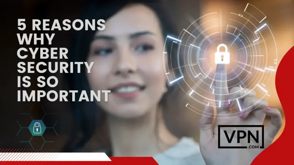 Women pressing a digital lock button with text "5 reasons why cyber security is so important"
