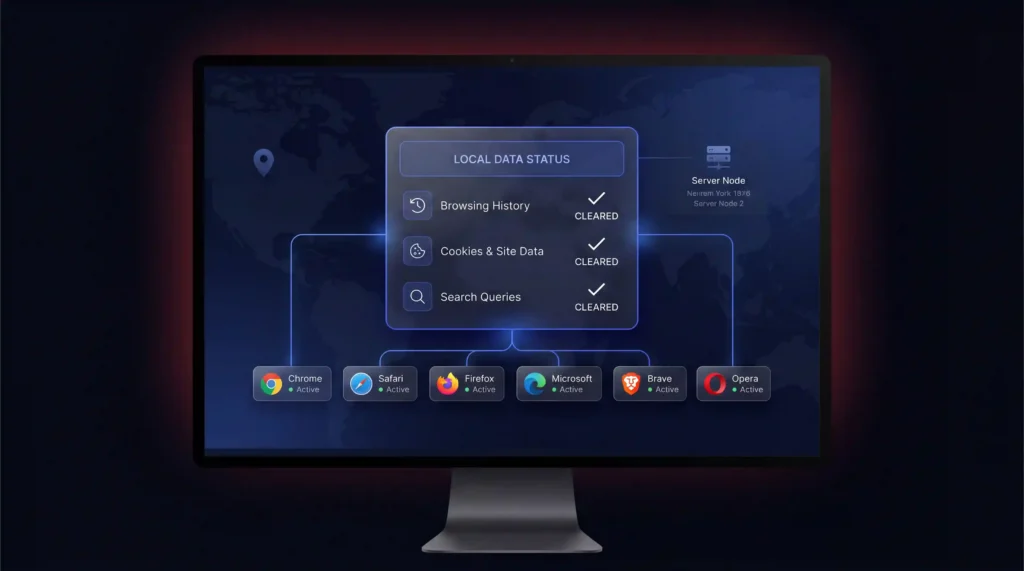 What is private browsing data clearance — history, cookies, and search queries cleared across Chrome, Safari, Firefox, Edge, Brave, and Opera