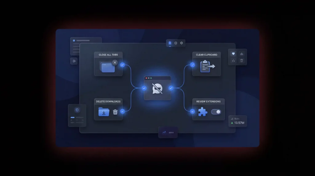 How to stop private browsing safely — checklist showing close tabs, delete downloads, clear clipboard, and review extensions