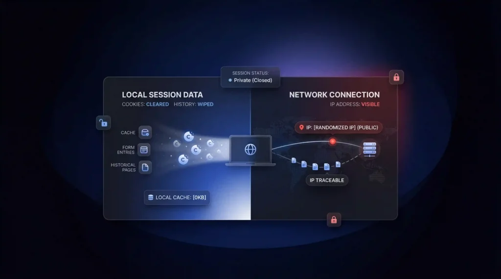 What is private browsing session breakdown — local data cleared but IP address still traceable through network connection