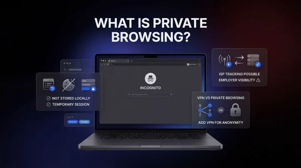 What is private browsing — infographic showing incognito mode, ISP tracking, and VPN comparison on a laptop
