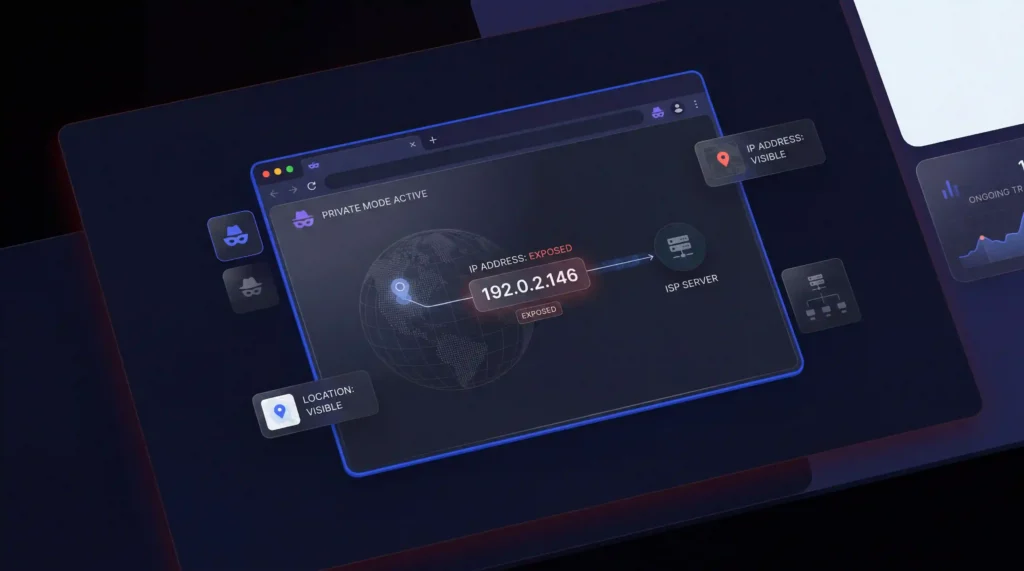 What is private browsing limitation — IP address exposed and location visible despite private mode being active