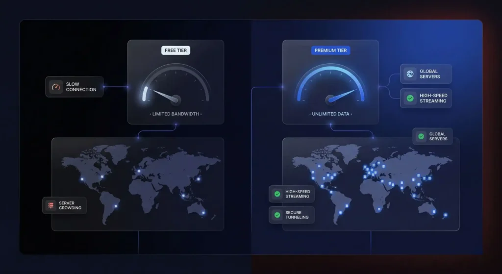 Side by side comparison of best free VPN free tier with limited bandwidth versus premium tier showing unlimited data and global high speed servers