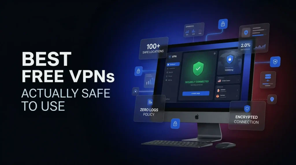 Best free VPN dashboard showing securely connected status with zero logs policy encrypted connection and 100 plus safe server locations