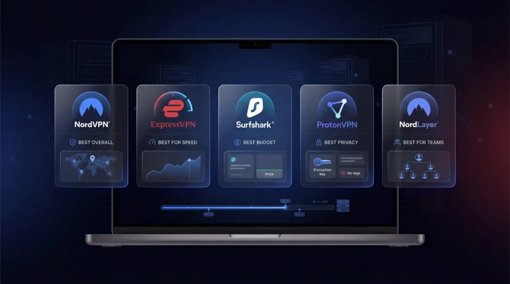 Best vpn for remote access comparison showing NordVPN, Surfshark, Proton VPN, ExpressVPN and Nordlayer