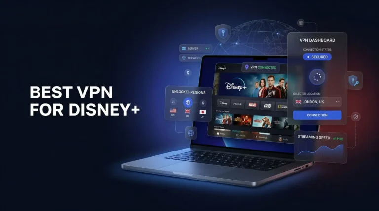 Laptop displaying Disney Plus with VPN connected to London UK server unlocking US UK and Japan regions with the best VPN for Disney Plus