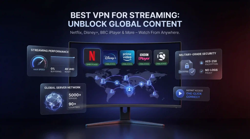 Monitor displaying Netflix, Disney+, Prime Video and more unblocked by the best VPN for streaming with 4K performance, global servers and AES‑256 security.