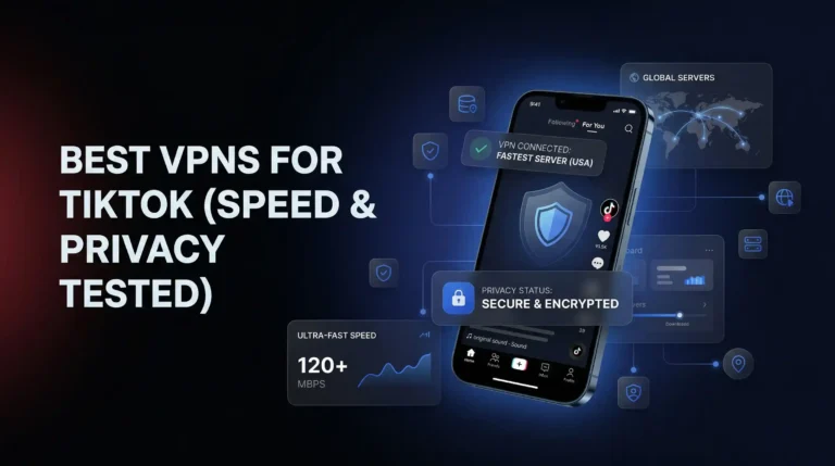 Best VPN for TikTok speed and privacy tested showing VPN connected to fastest USA server with secure encrypted privacy status and ultra fast speeds of 120 plus Mbps