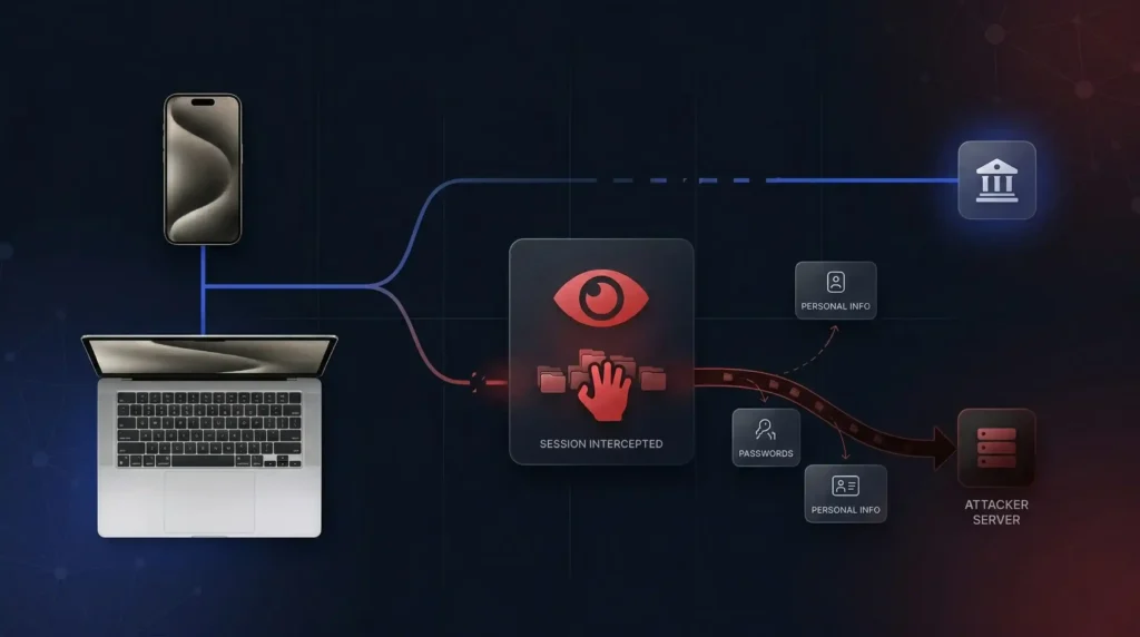 Public WiFi security risk illustration showing session intercepted attack stealing passwords and personal information from phone and laptop and sending it to attacker server