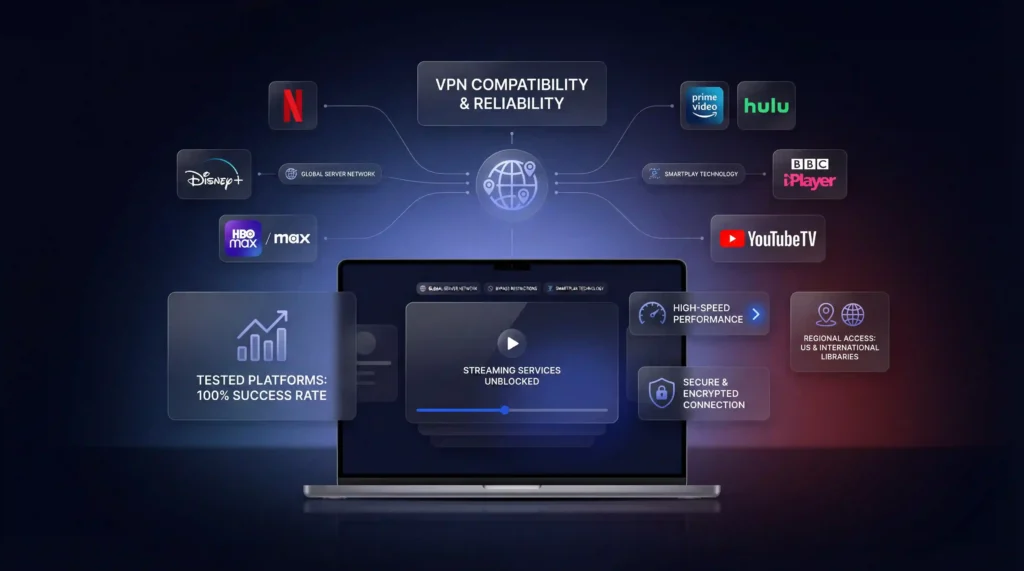 Laptop dashboard unblocking Netflix, Hulu, HBO Max, BBC iPlayer and YouTube TV using the best VPN for streaming with fast, secure global access.