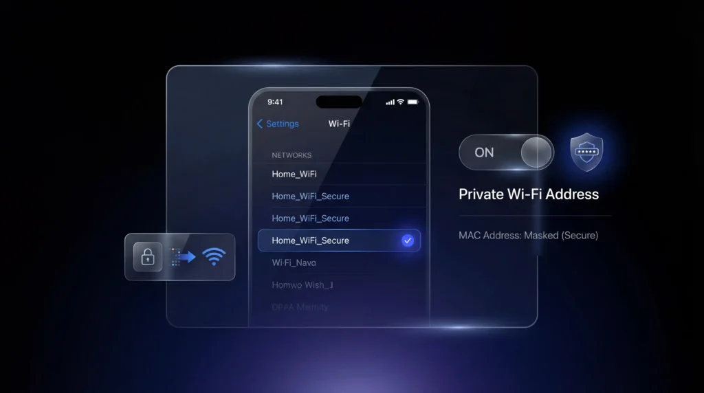 iPhone WiFi settings showing how to get rid of privacy warning WiFi by enabling Private Wi-Fi Address to mask MAC address