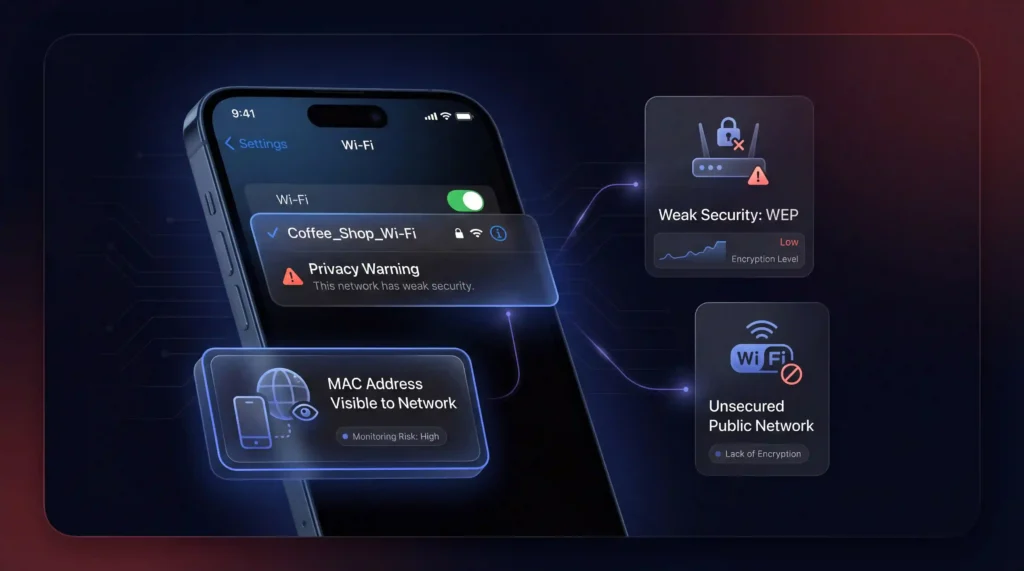 iPhone showing privacy warning WiFi alert with weak WEP security, visible MAC address and unsecured public network risks