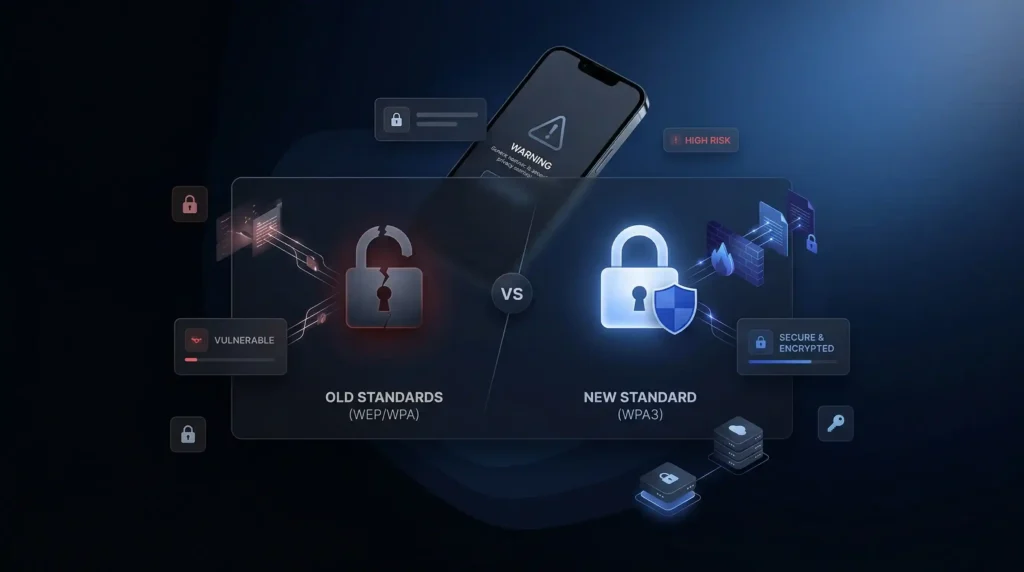 Why there is a privacy warning WiFi explained through comparison of vulnerable old WEP/WPA standards versus secure and encrypted WPA3