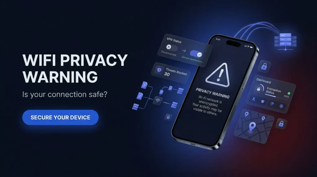 WiFi privacy warning alert on iPhone screen showing unencrypted network with VPN protection and 30 threats blocked dashboard