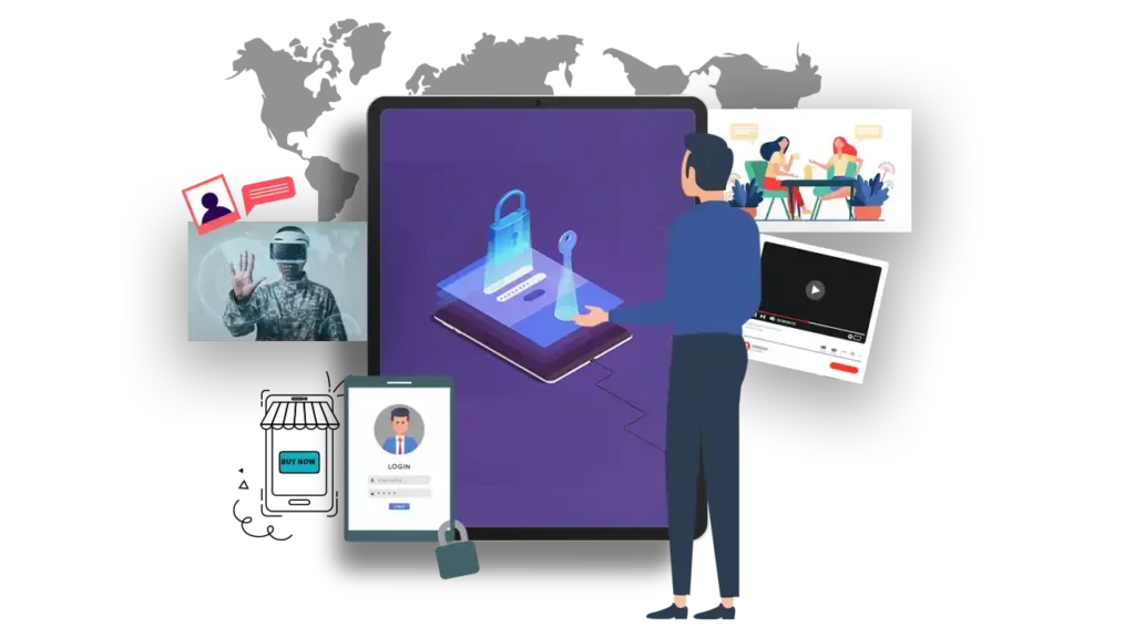 Illustration showing data security with a person interacting with a secure login on a digital device