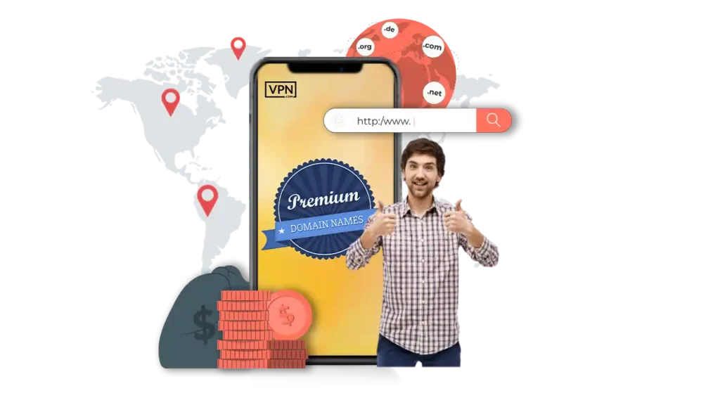 a man standing in front of a large screen showing How premium domain names get their value